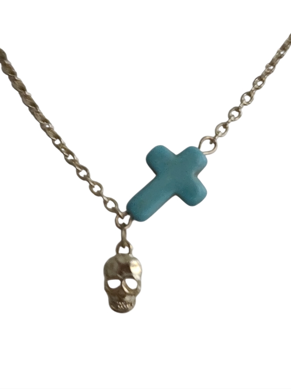 Turquoise Cross Goldtone Skull Necklace